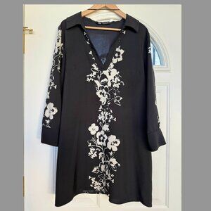 ZARA Womens Black Long Sleeve Minidress/Shirt w White Floral Details, Size:XL